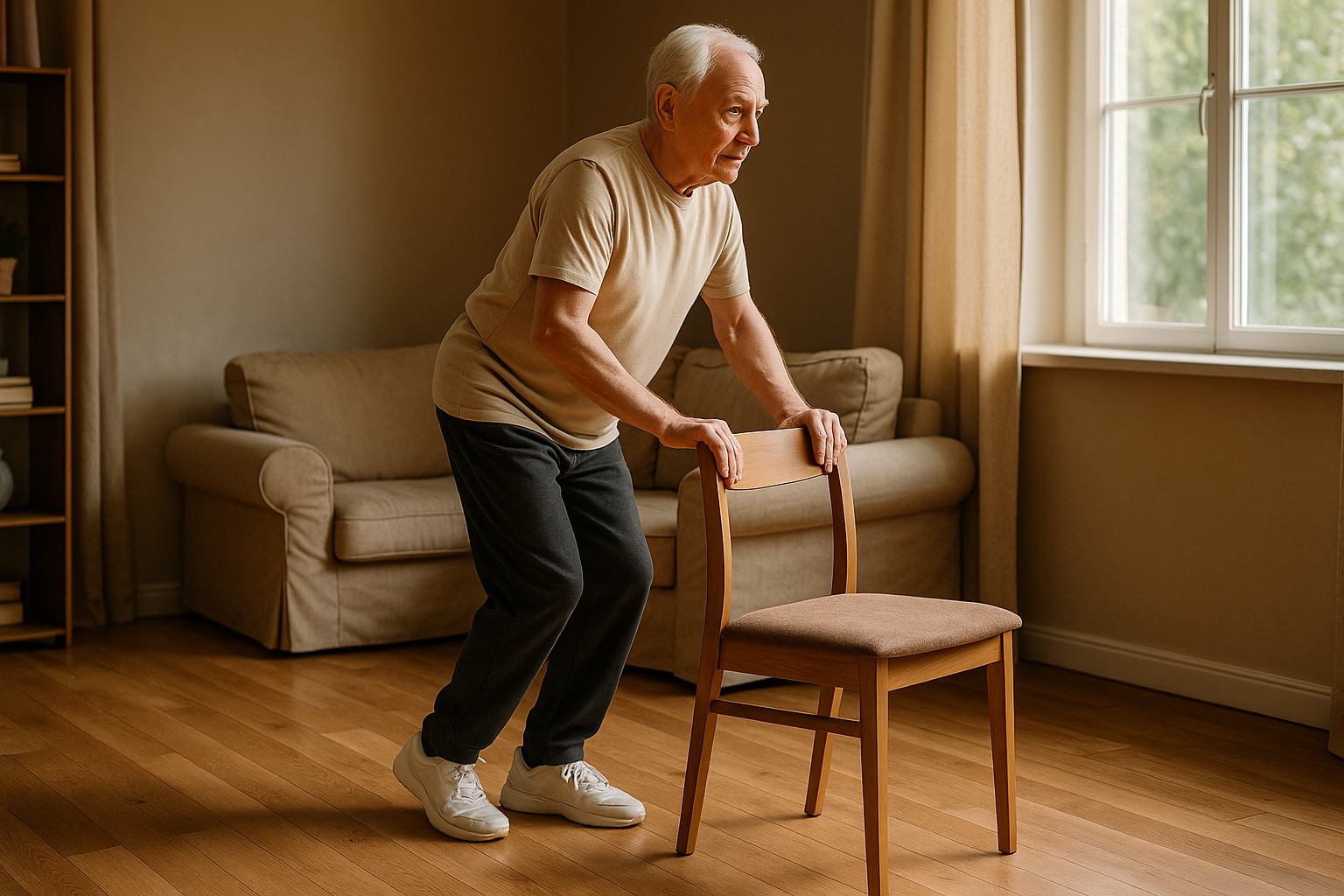 Домашние упражнения у стула и стены